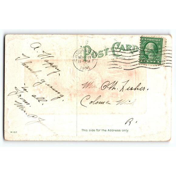 Vintage 1916 Thanksgiving Postcard Turkey Lithograph Scenic Farm - Picture 2 of 2